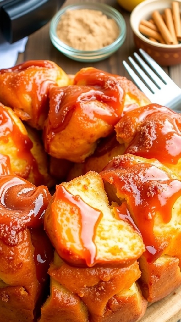 Golden brown air fryer monkey bread drizzled with glaze, served on a rustic table with a bowl of cinnamon sugar.